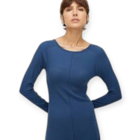 Kit & Ace Womens Blue Sz M Poise High Neck V-Back Ribbed Knit Fitted Midi Dress - Picture 1 of 14